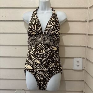 NWOT Clean Water Outdoor Tropical Leaf Print Brown Halter One Piece Swimsuit